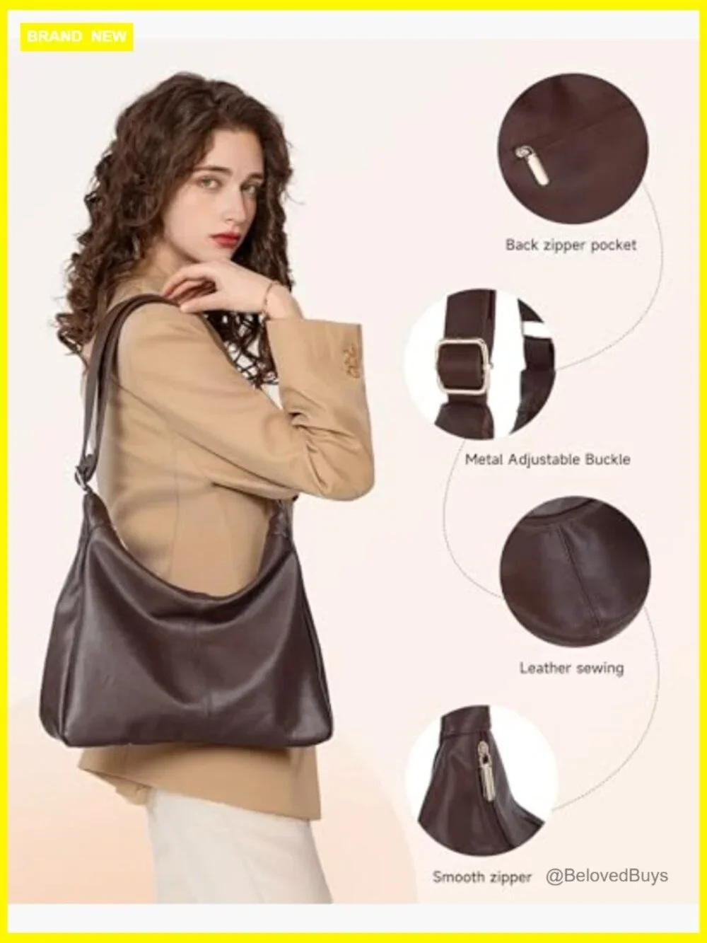 Vegan Leather Slouchy Hobo Tote Bag, Adjustable Strap, Zipper